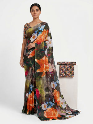 Multicolor Digital Floral Printed Georgette Saree - Image 1