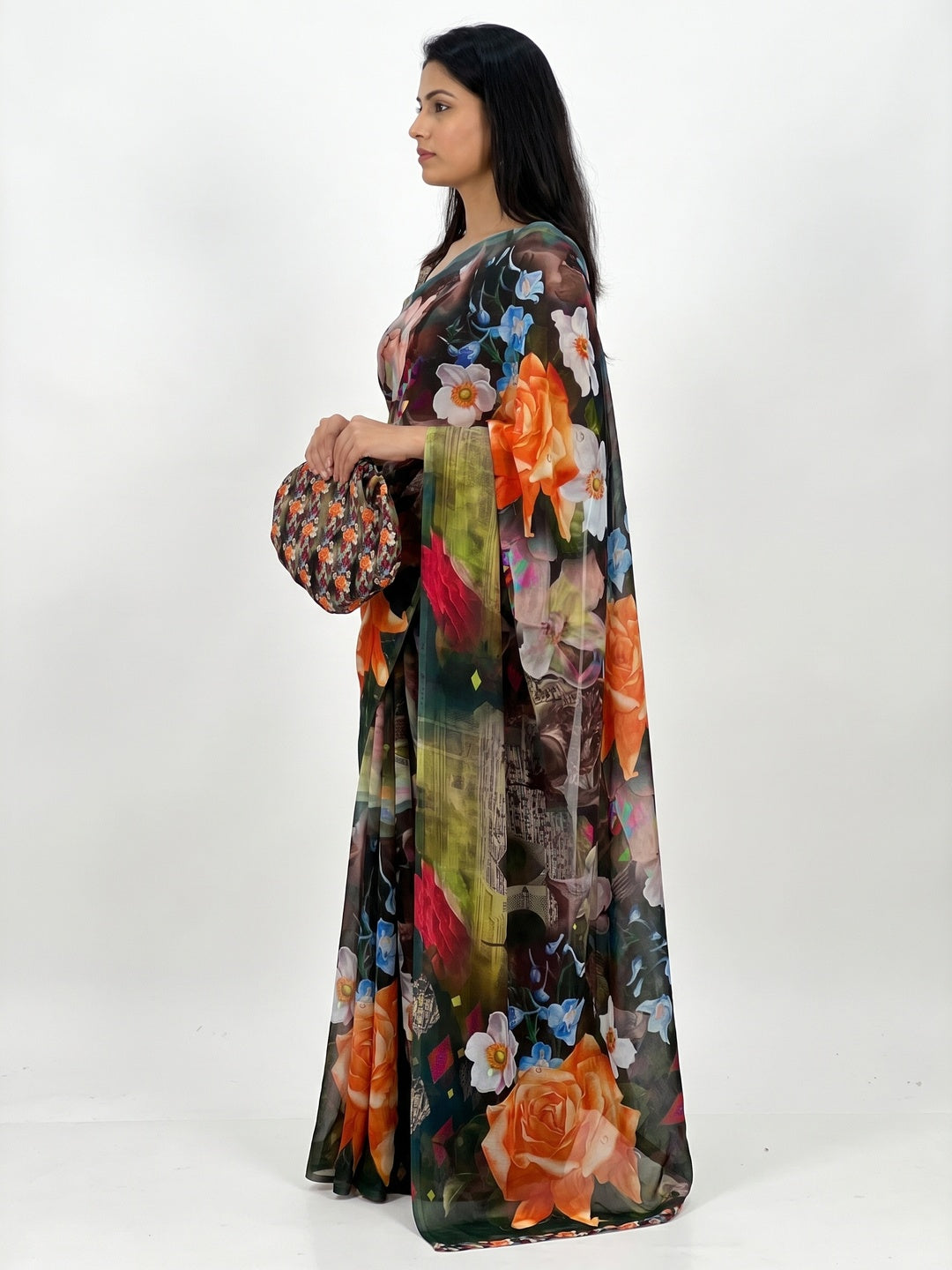 Multicolor Digital Floral Printed Georgette Saree - Image 3
