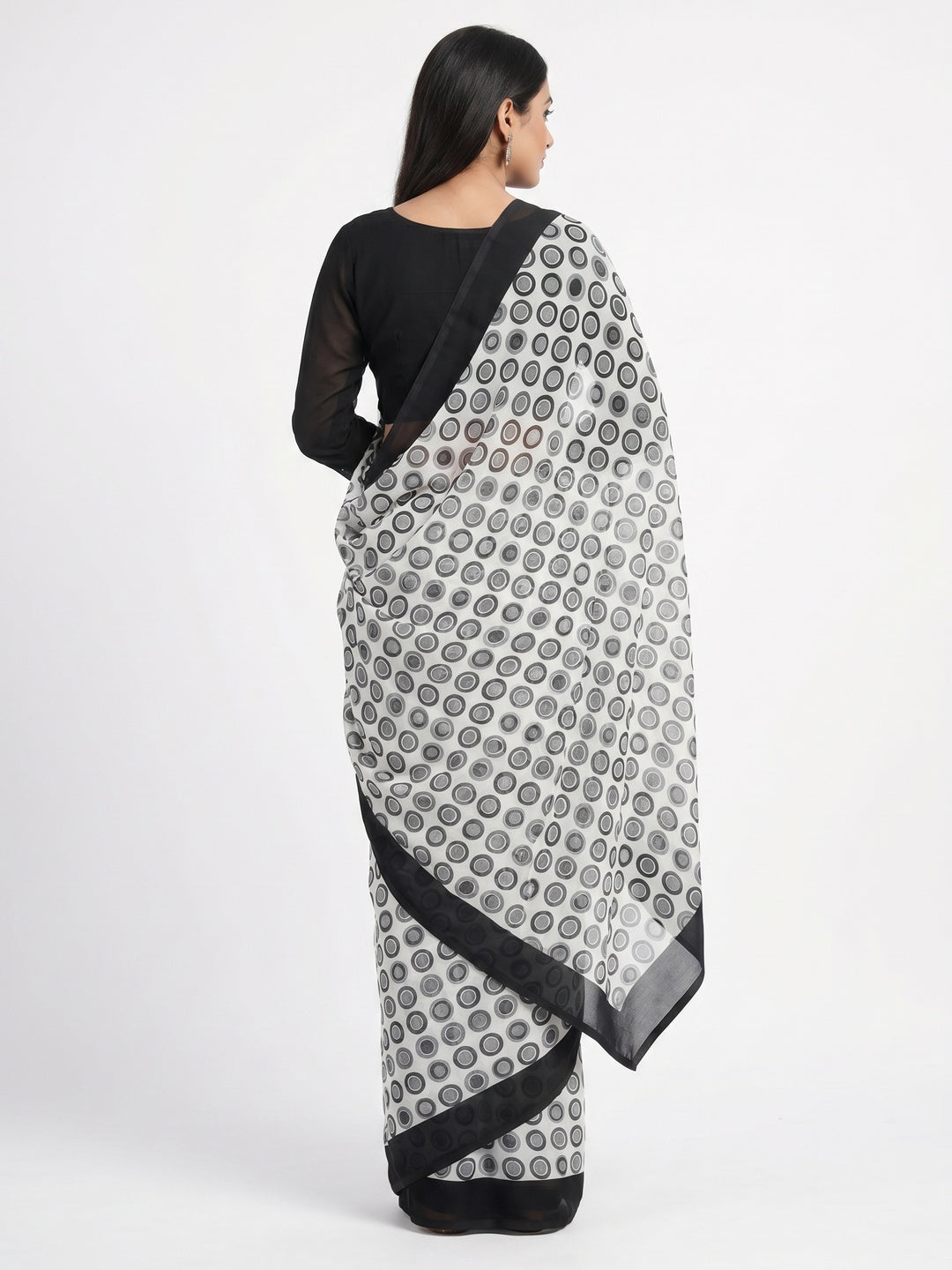White And Black Printed Georgette Saree - Image 3