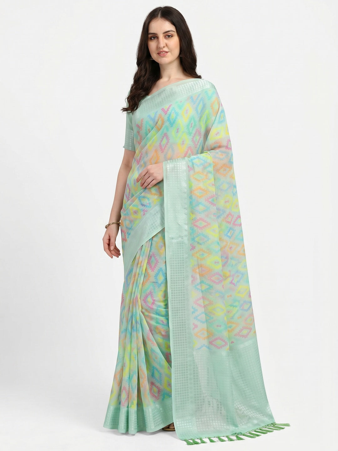 Sea Green Printed Georgette Saree With Tassels - Image 1