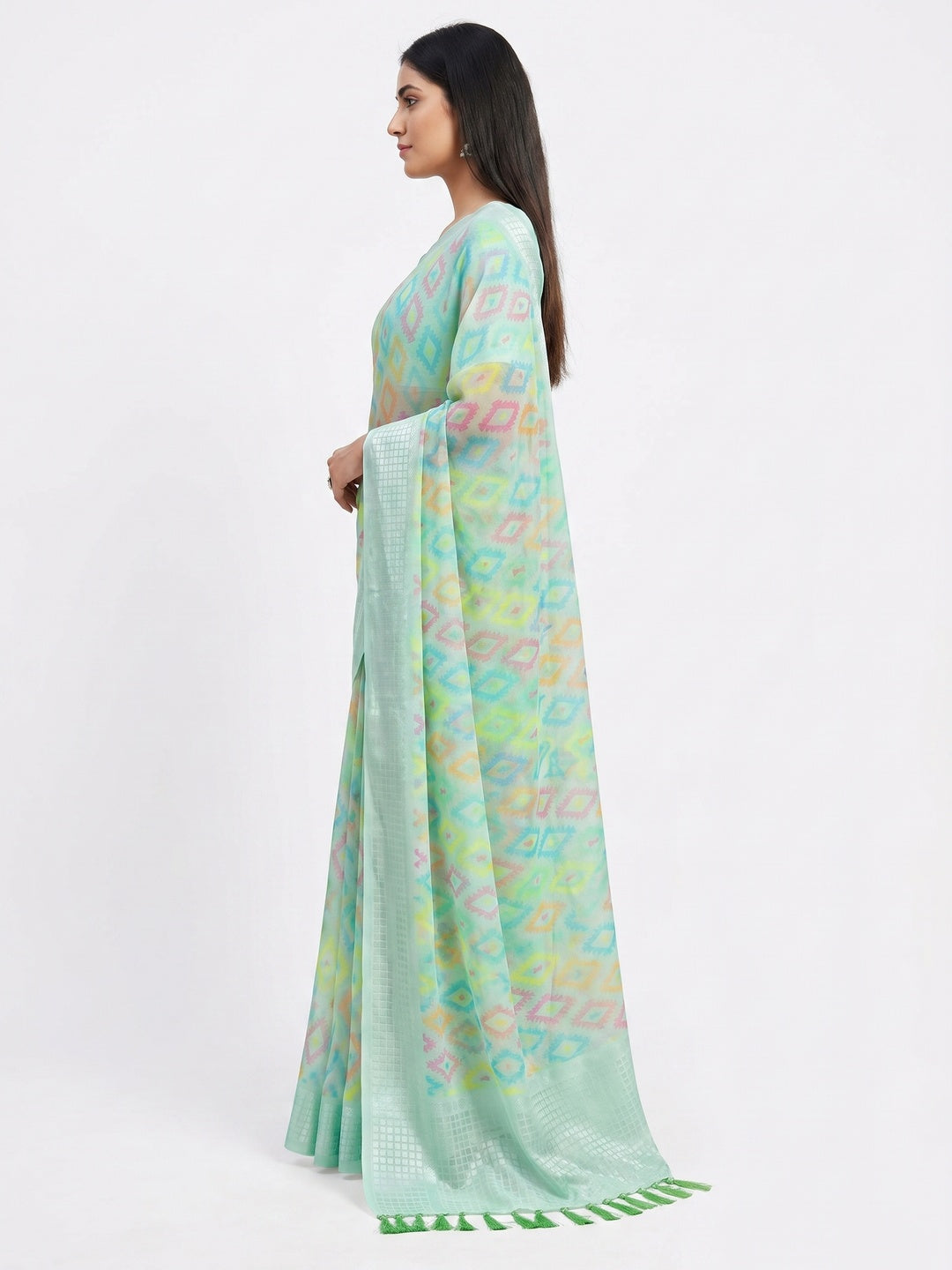 Sea Green Printed Georgette Saree With Tassels - Image 2