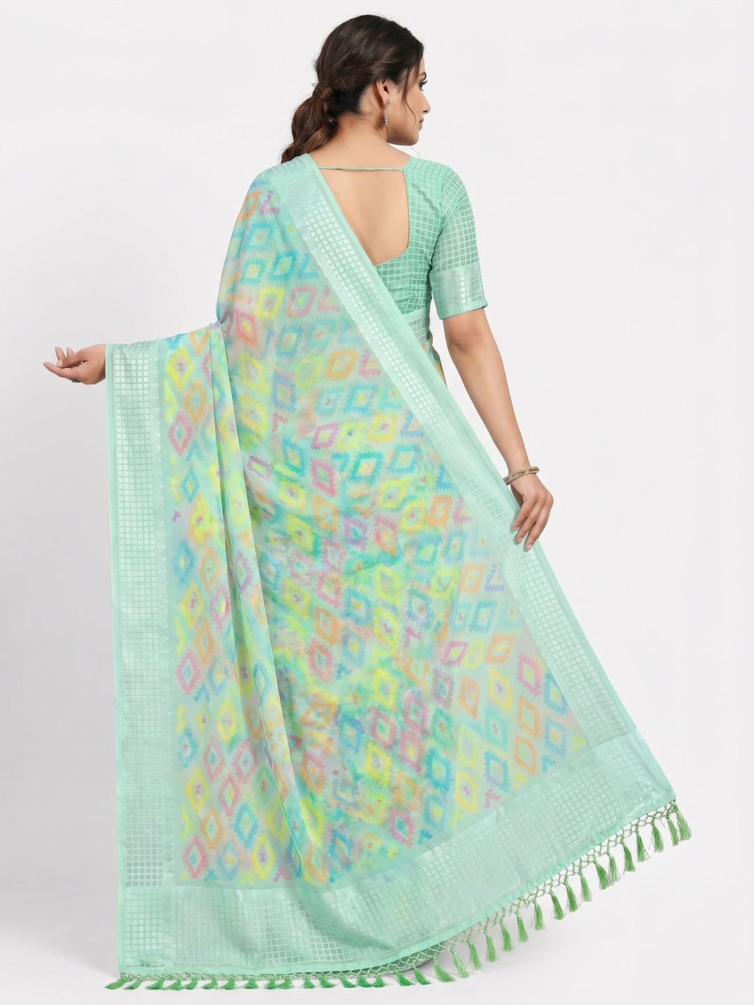 Sea Green Printed Georgette Saree With Tassels - Image 3