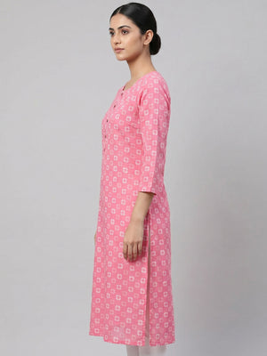 1Pink Printed Pure Cotton Kurti - Image 1
