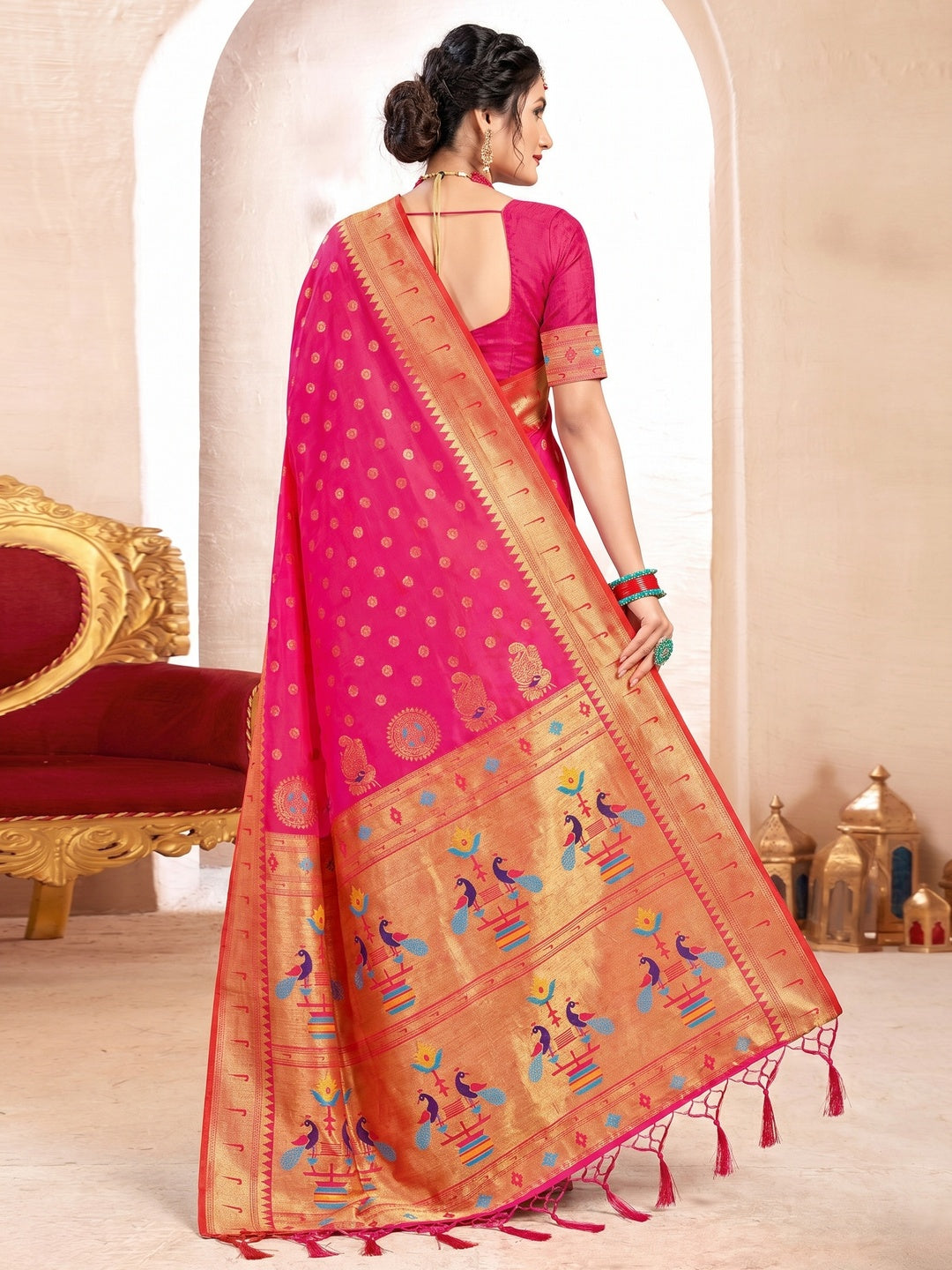 Pink Woven Art Silk Paithani Saree With Tassels - Image 1