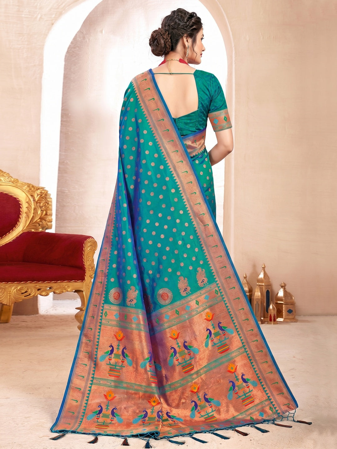Turquoise Woven Art Silk Paithani Saree With Tassels - Image 1