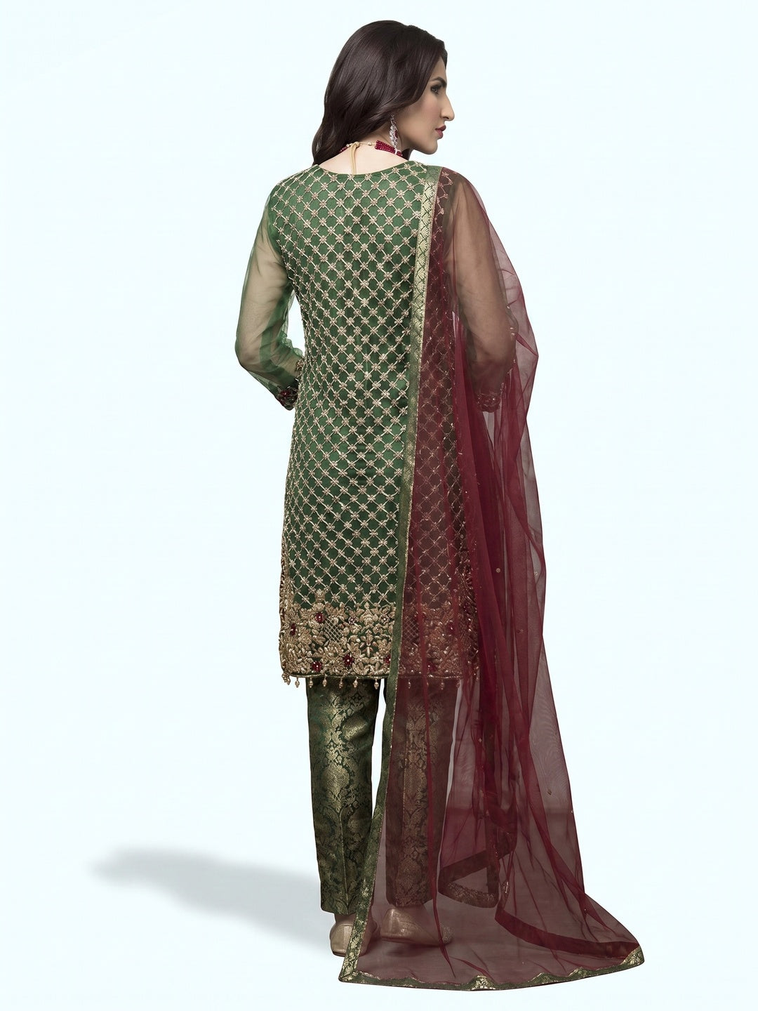 Marvellous Green Colored Partywear Embroidered Netted Pant Style Suit - Image 1