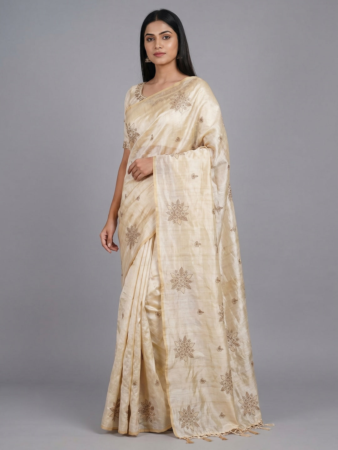 Cream Floral Embroidered Assam Silk Saree - Image 1
