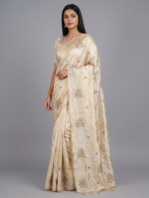 Cream Floral Embroidered Assam Silk Saree - Image 1