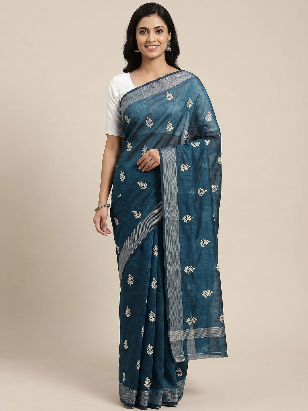Morpich Floral Embroidered Cotton Blend Saree - Image 1
