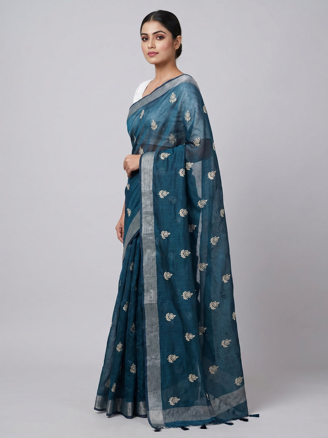 Morpich Floral Embroidered Cotton Blend Saree - Image 2