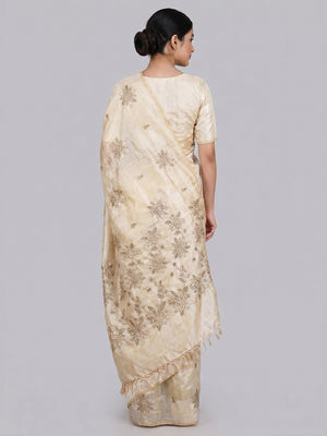 Cream Floral Embroidered Assam Silk Saree - Image 2