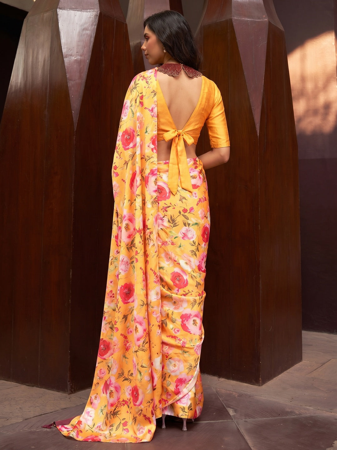 Yellow Floral Digital Printed Satin Saree - Image 1