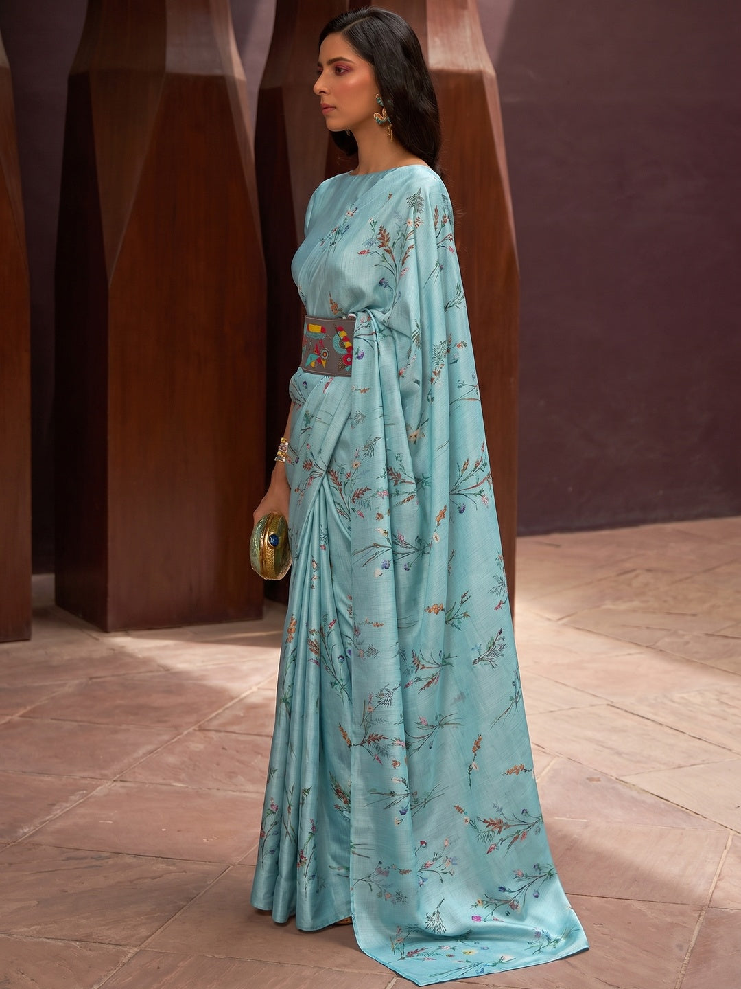 Blue Floral Digital Printed Satin Saree - Image 1