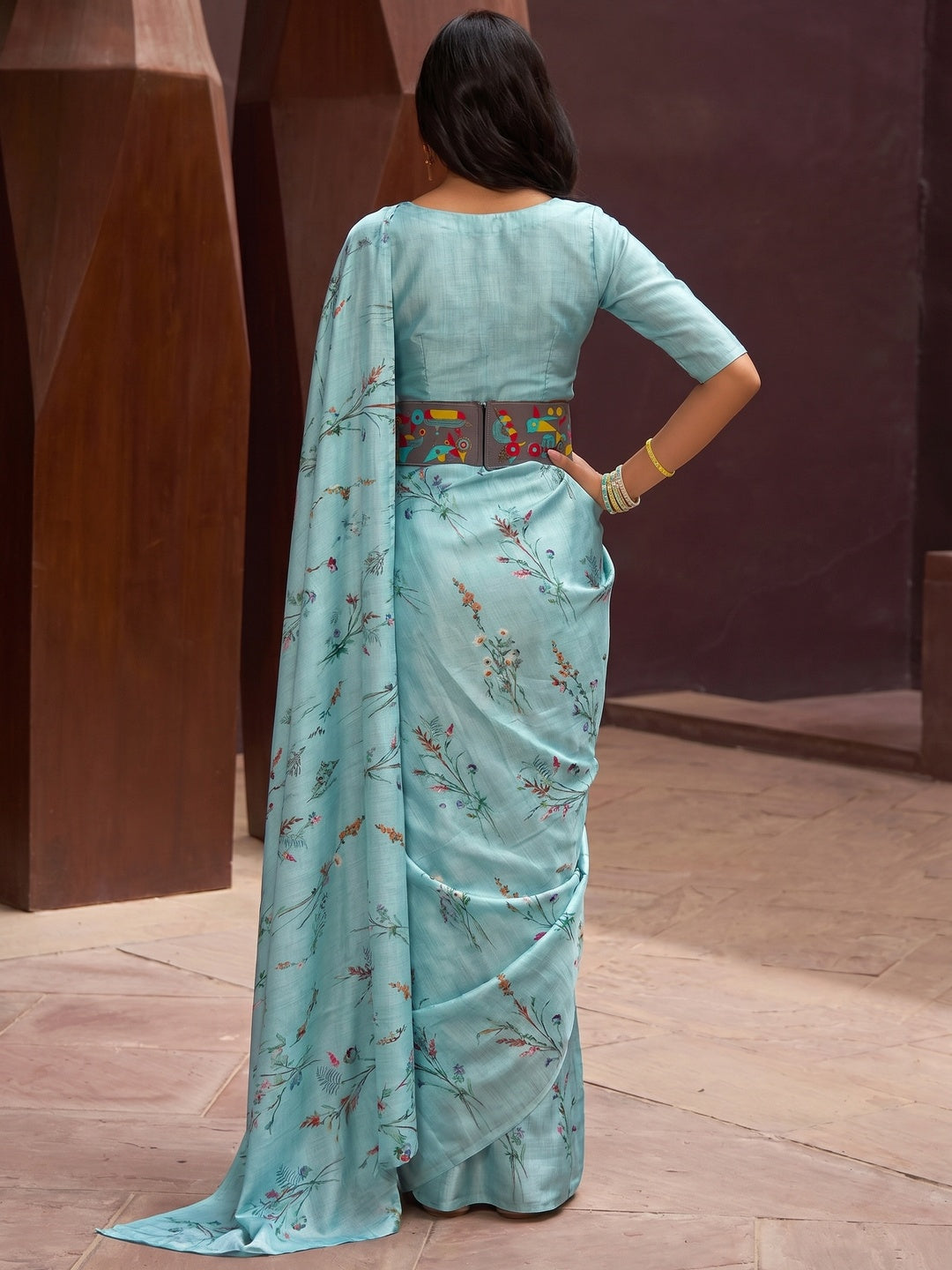Blue Floral Digital Printed Satin Saree - Image 2