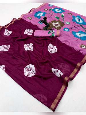 Peachmode Wine Mulmul Cotton Bandhani Print Saree - Image 2
