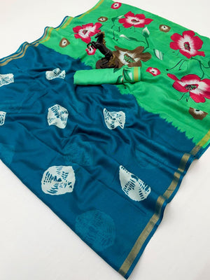 Peachmode Teal Mulmul Cotton Bandhani Print Saree - Image 2