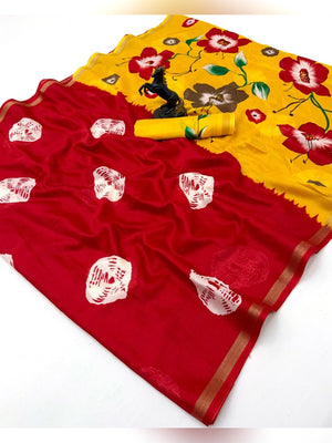 Peachmode Red Mulmul Cotton Bandhani Print Saree - Image 2