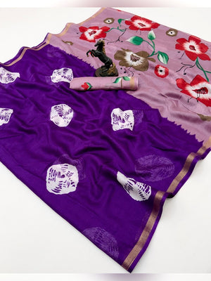 Peachmode Purple Mulmul Cotton Bandhani Print Saree - Image 2
