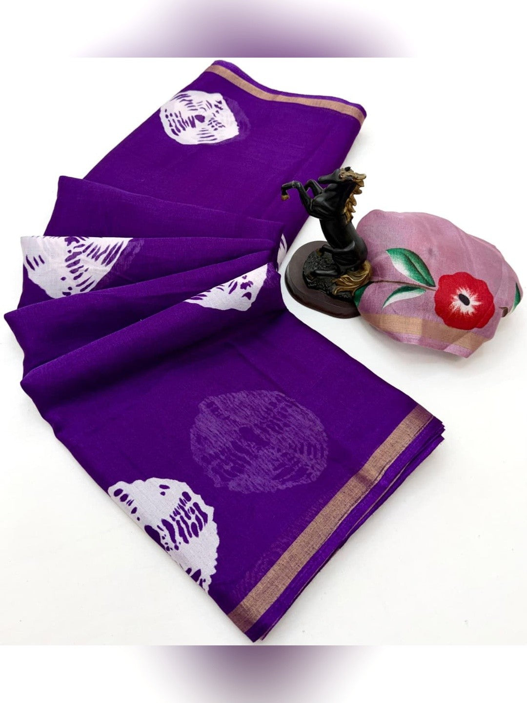 Peachmode Purple Mulmul Cotton Bandhani Print Saree - Image 3