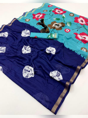 Peachmode Navy Blue Mulmul Cotton Bandhani Print Saree - Image 2