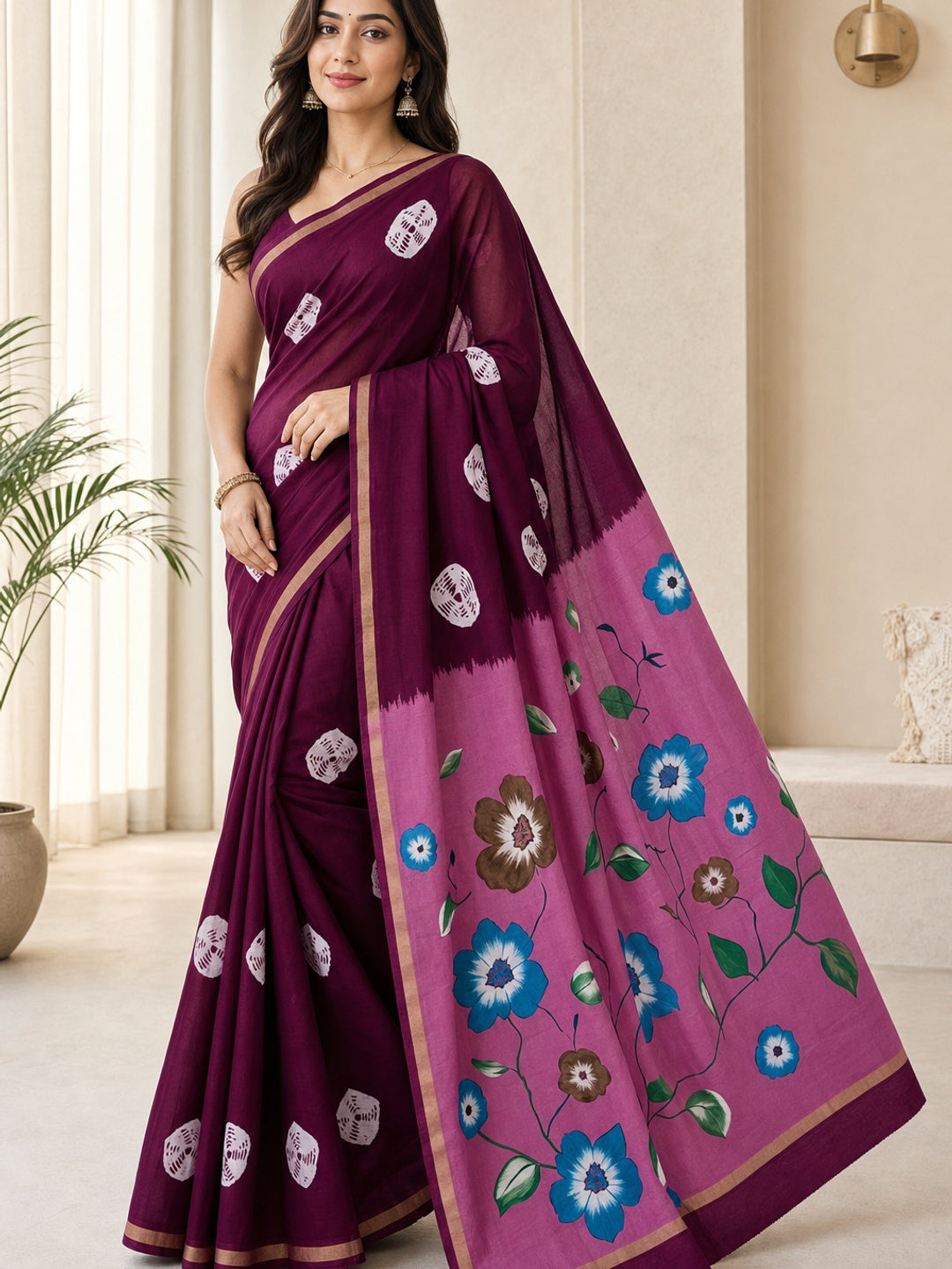 Peachmode Wine Mulmul Cotton Bandhani Print Saree - Image 1