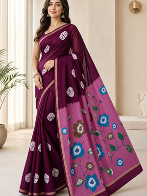 Peachmode Wine Mulmul Cotton Bandhani Print Saree - Image 1