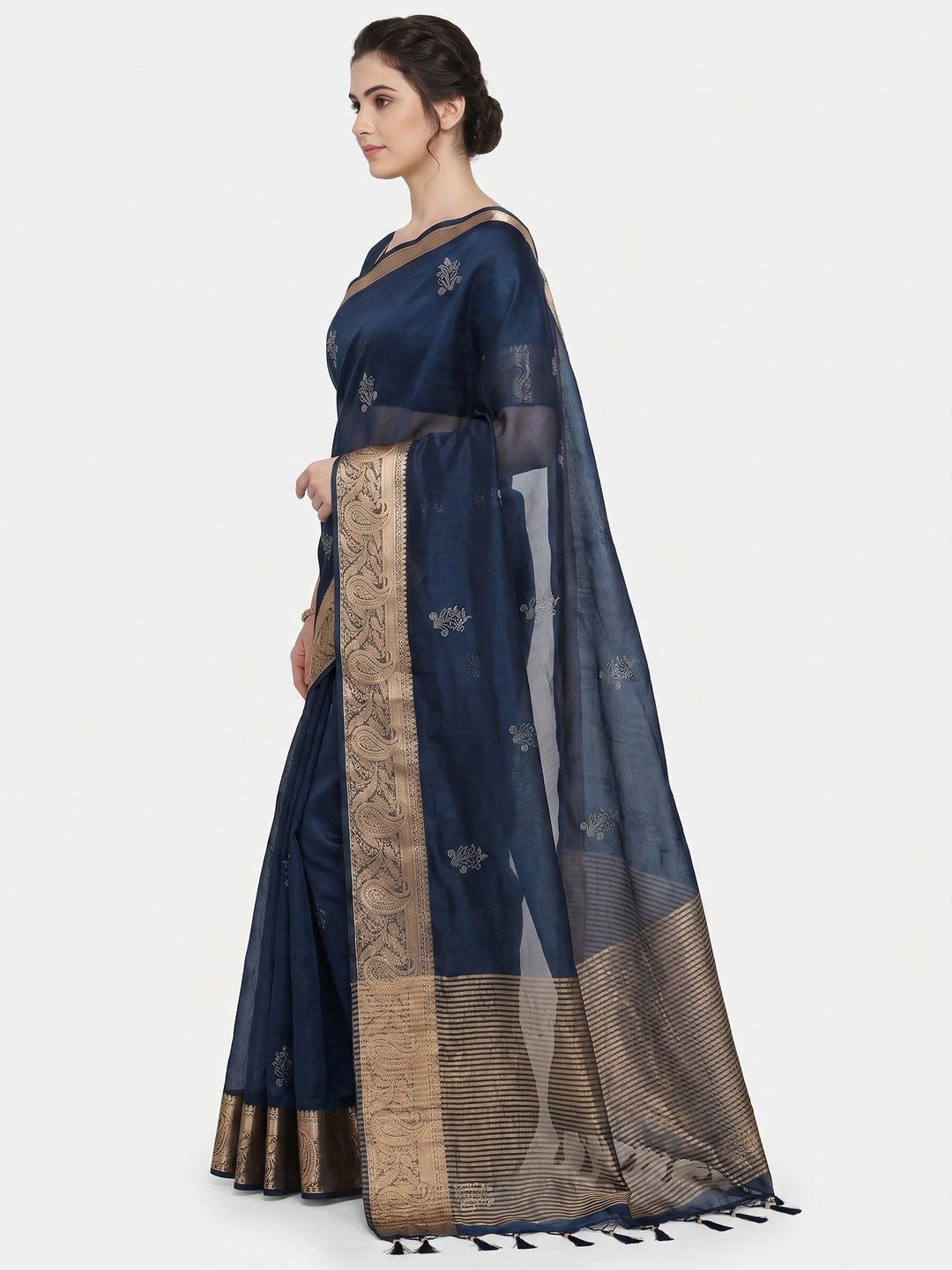 Navy Blue Floral Foil With Woven Border Organza Saree - Image 3