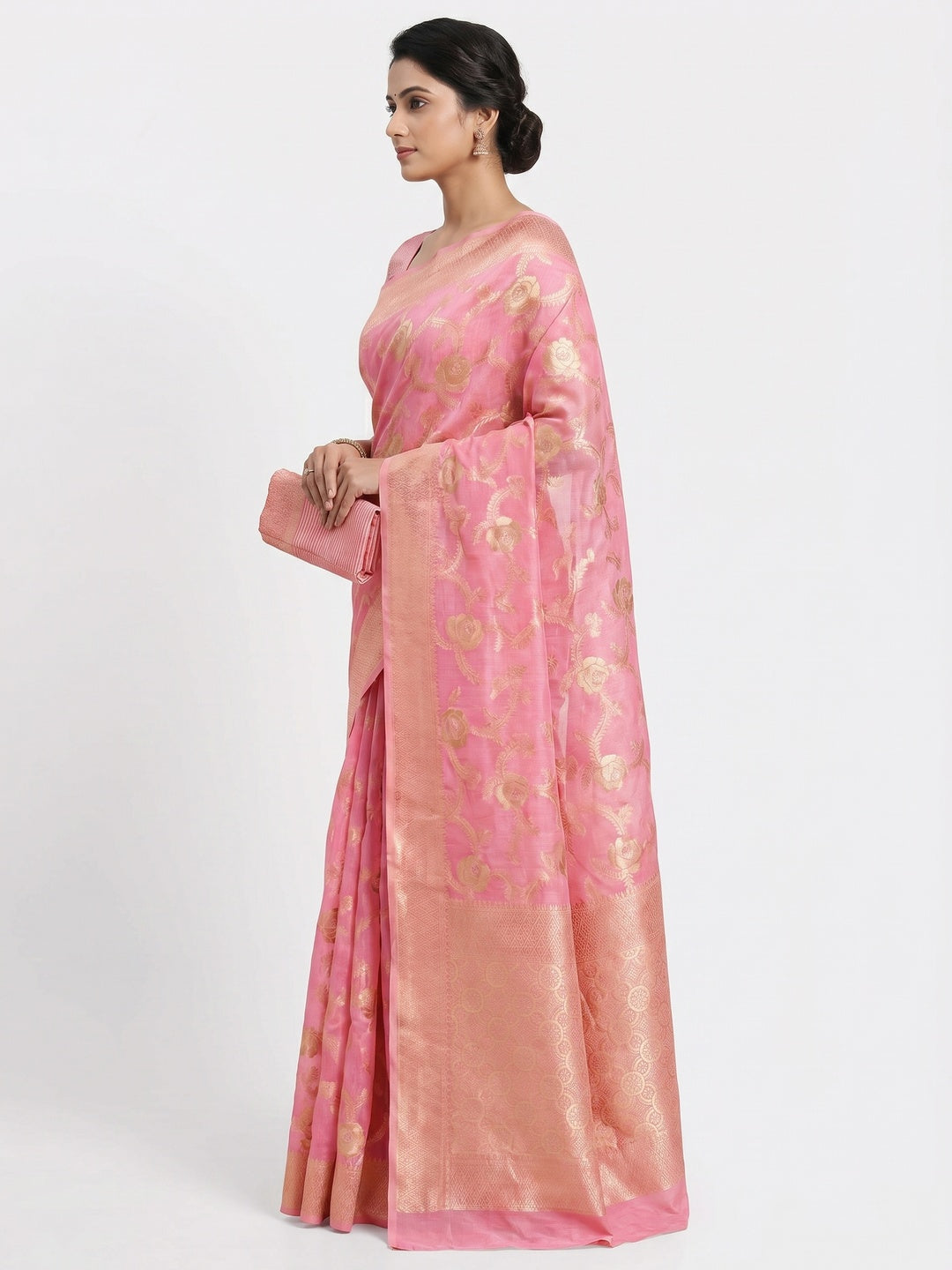 Pink Woven Jacquard Saree - Image 2