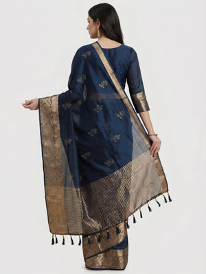 Navy Blue Floral Foil With Woven Border Organza Saree - Image 2
