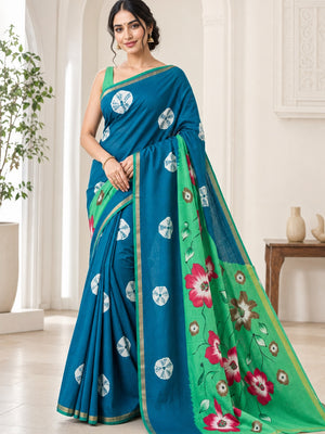 Peachmode Teal Mulmul Cotton Bandhani Print Saree - Image 1