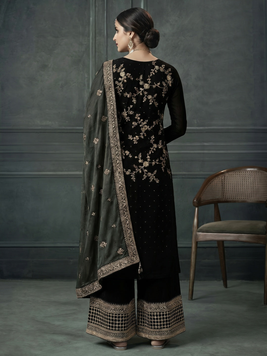 Black Embroidered Georgette Semi Stitched Palazzo Suit - Image 2