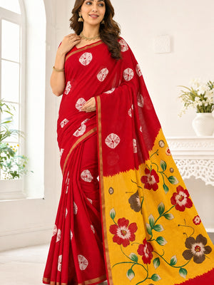 Peachmode Red Mulmul Cotton Bandhani Print Saree - Image 1