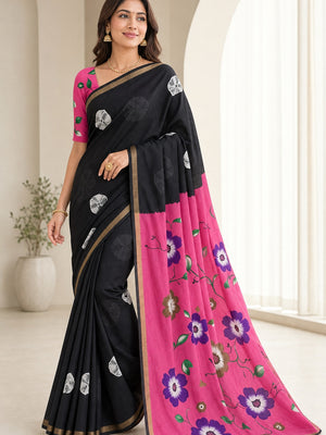 Peachmode Black Mulmul Cotton Bandhani Print Saree - Image 1
