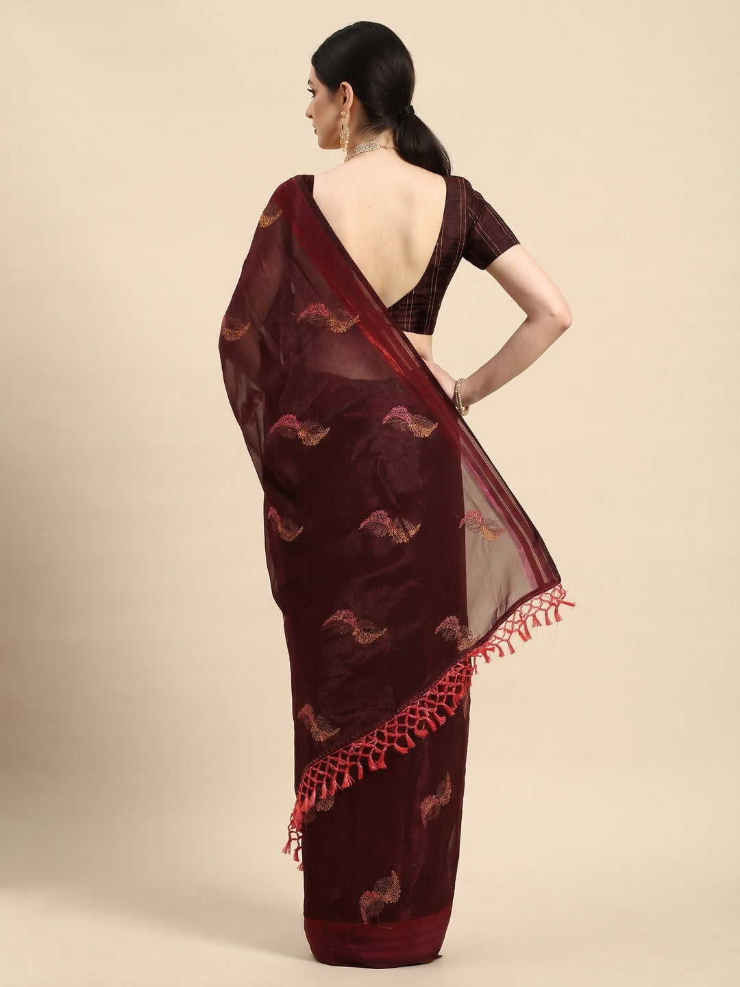 Wine Swarovski With Embroidery Work Chiffon Saree - Image 3