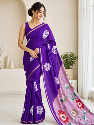 Peachmode Purple Mulmul Cotton Bandhani Print Saree - Image 1