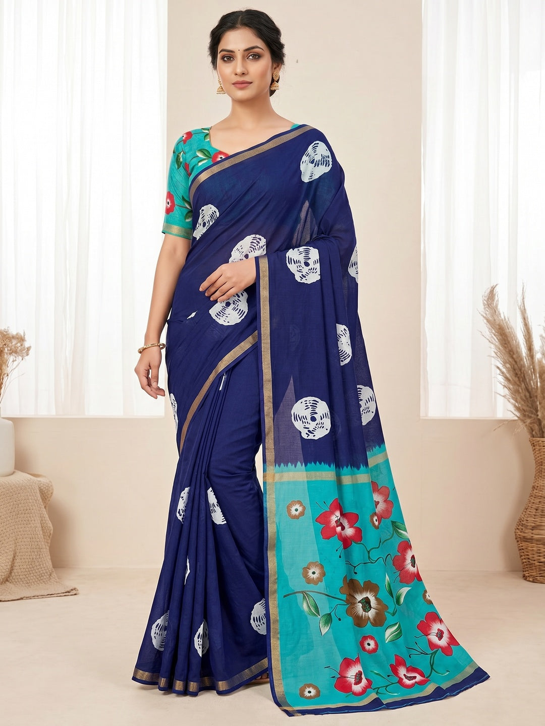 Peachmode Navy Blue Mulmul Cotton Bandhani Print Saree - Image 1