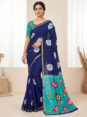Peachmode Navy Blue Mulmul Cotton Bandhani Print Saree - Image 1