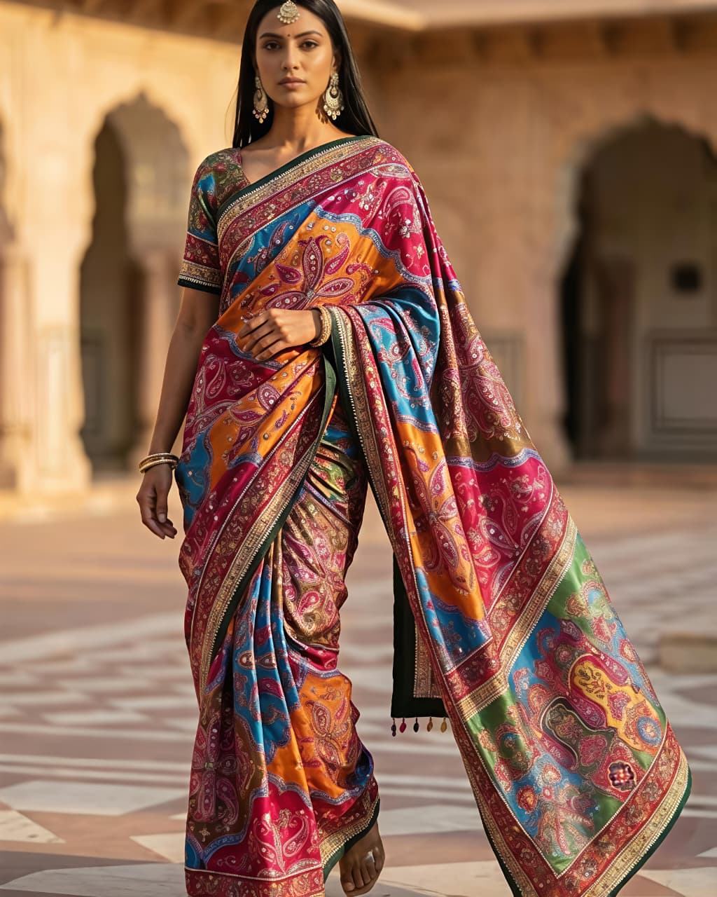 Peachmode Multicolor Satin Crepe Saree with Mirror Work - Image 1