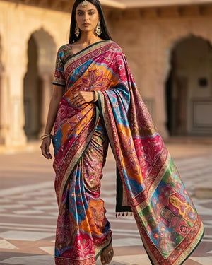 Peachmode Multicolor Satin Crepe Saree with Mirror Work - Image 1