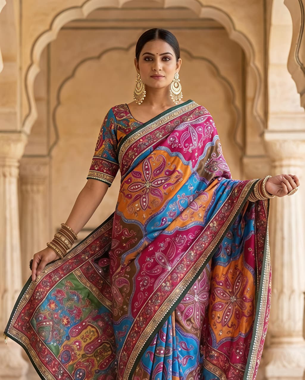 Peachmode Multicolor Satin Crepe Saree with Mirror Work - Image 2