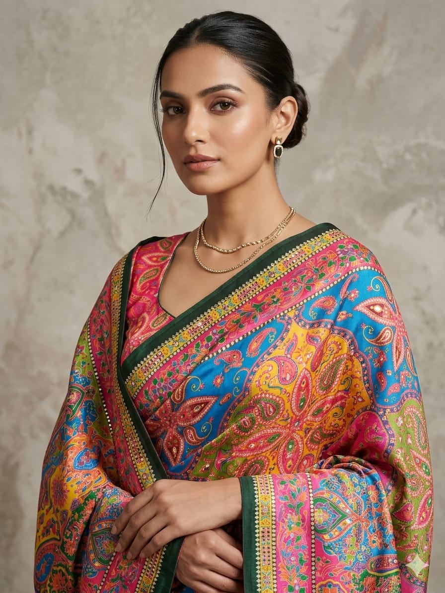 Peachmode Multicolor Satin Crepe Saree with Mirror Work - Image 3