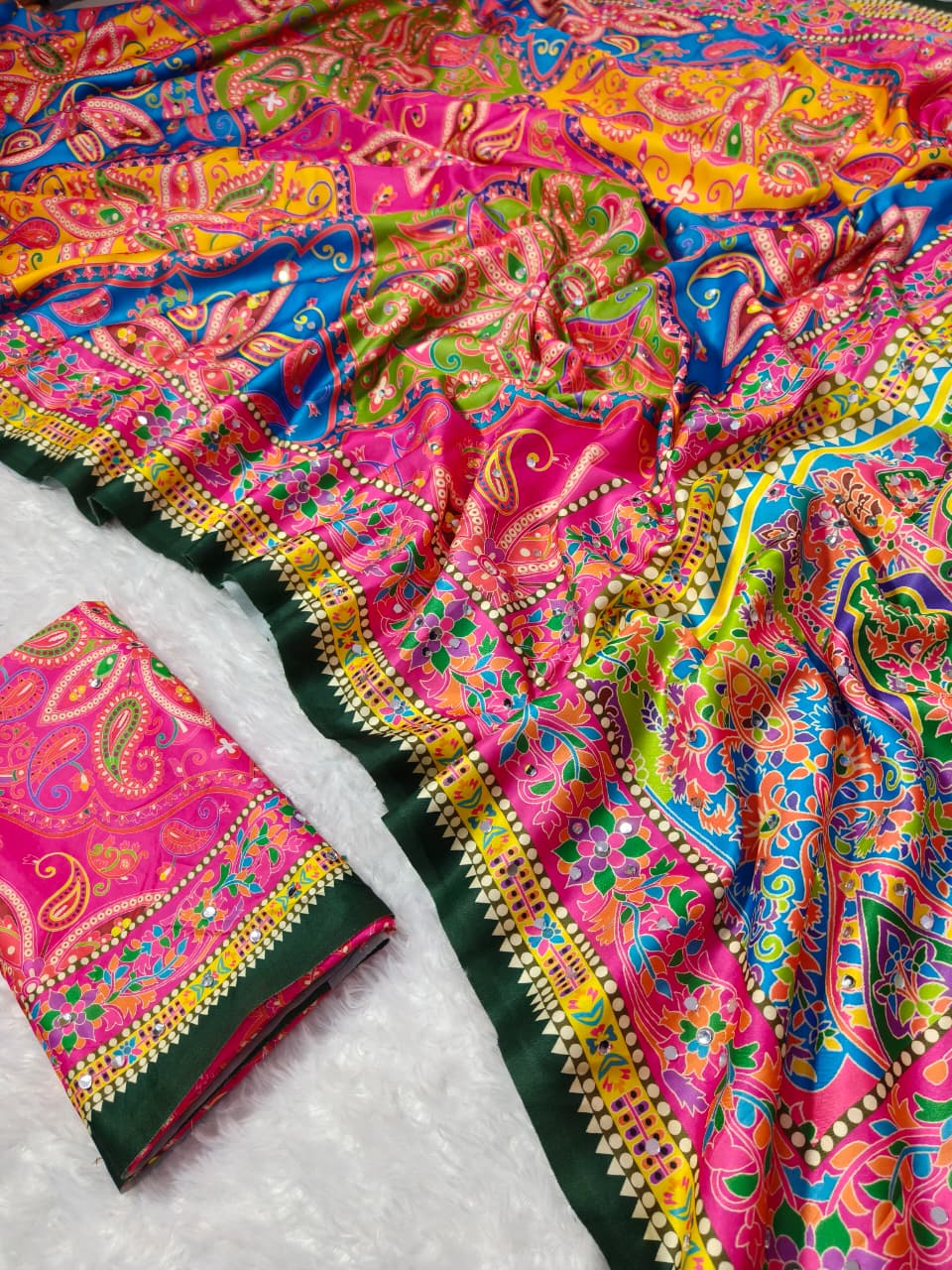 Peachmode Multicolor Satin Crepe Saree with Mirror Work - Image 5