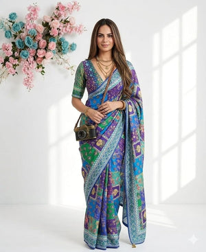 Peachmode Blue Satin Crepe Saree with Mirror Work - Image 1