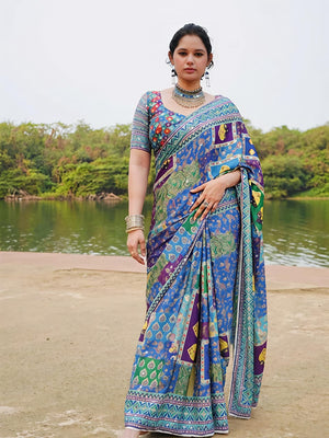 Peachmode Blue Satin Crepe Saree with Mirror Work - Image 2
