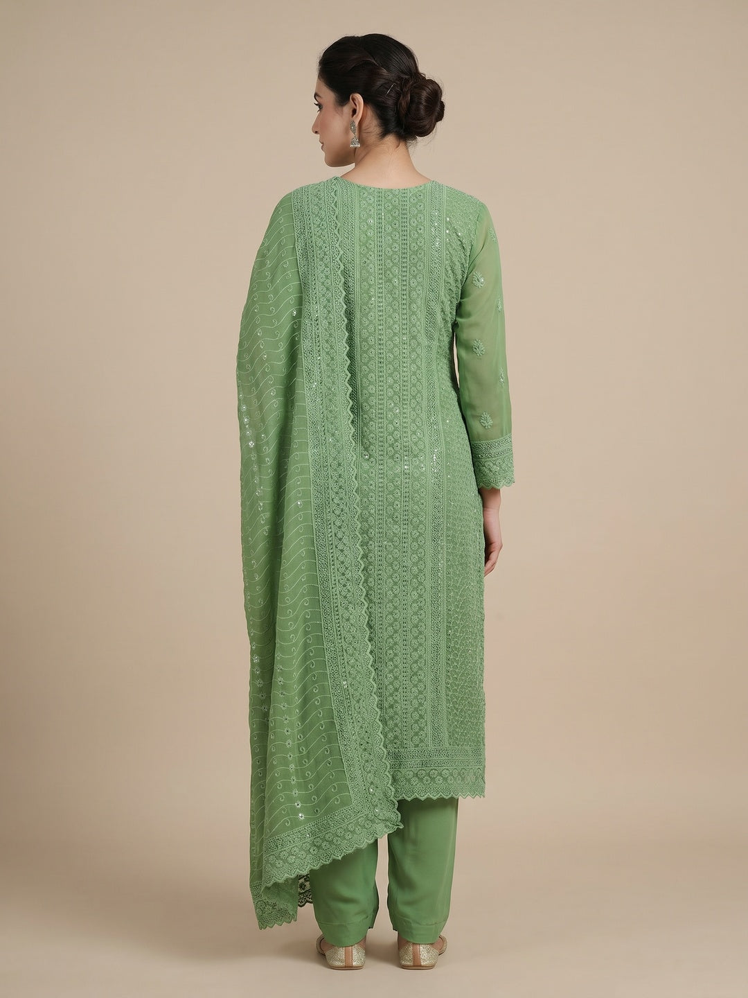 Green Embroidered Georgette Lucknowi Suit - Image 2