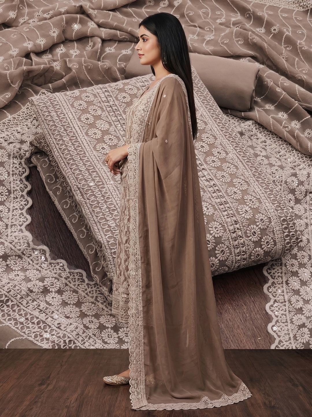 Brown Lucknowi Embroidered Georgette Suit - Image 3