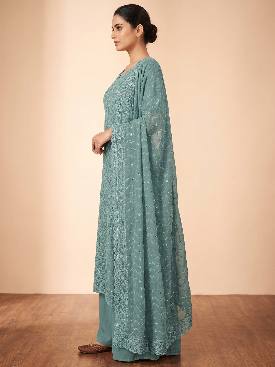 Grey Lucknowi Embroidered Georgette Suit - Image 3