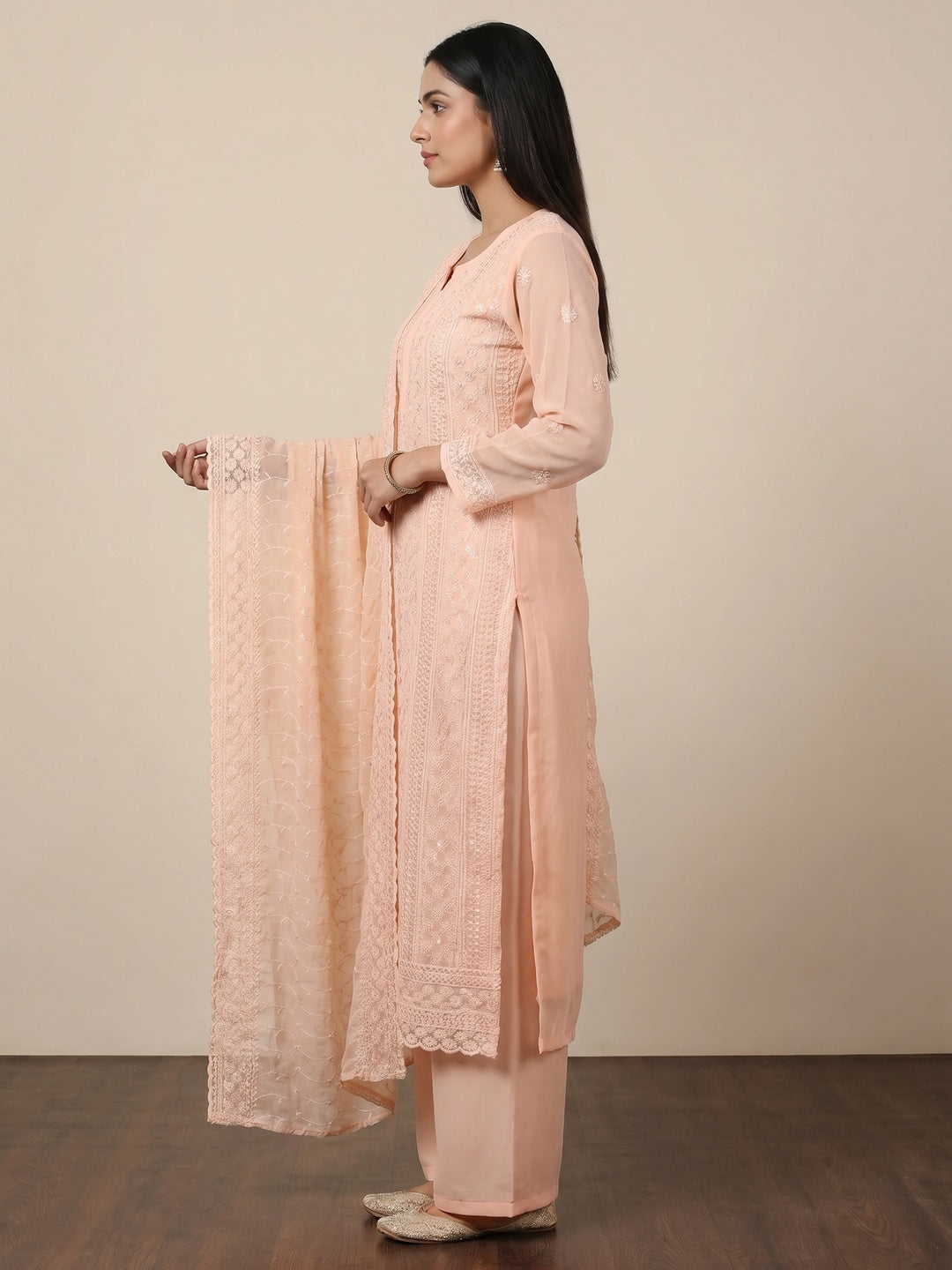 Light Orange Lucknowi Embroidered Georgette Suit - Image 2