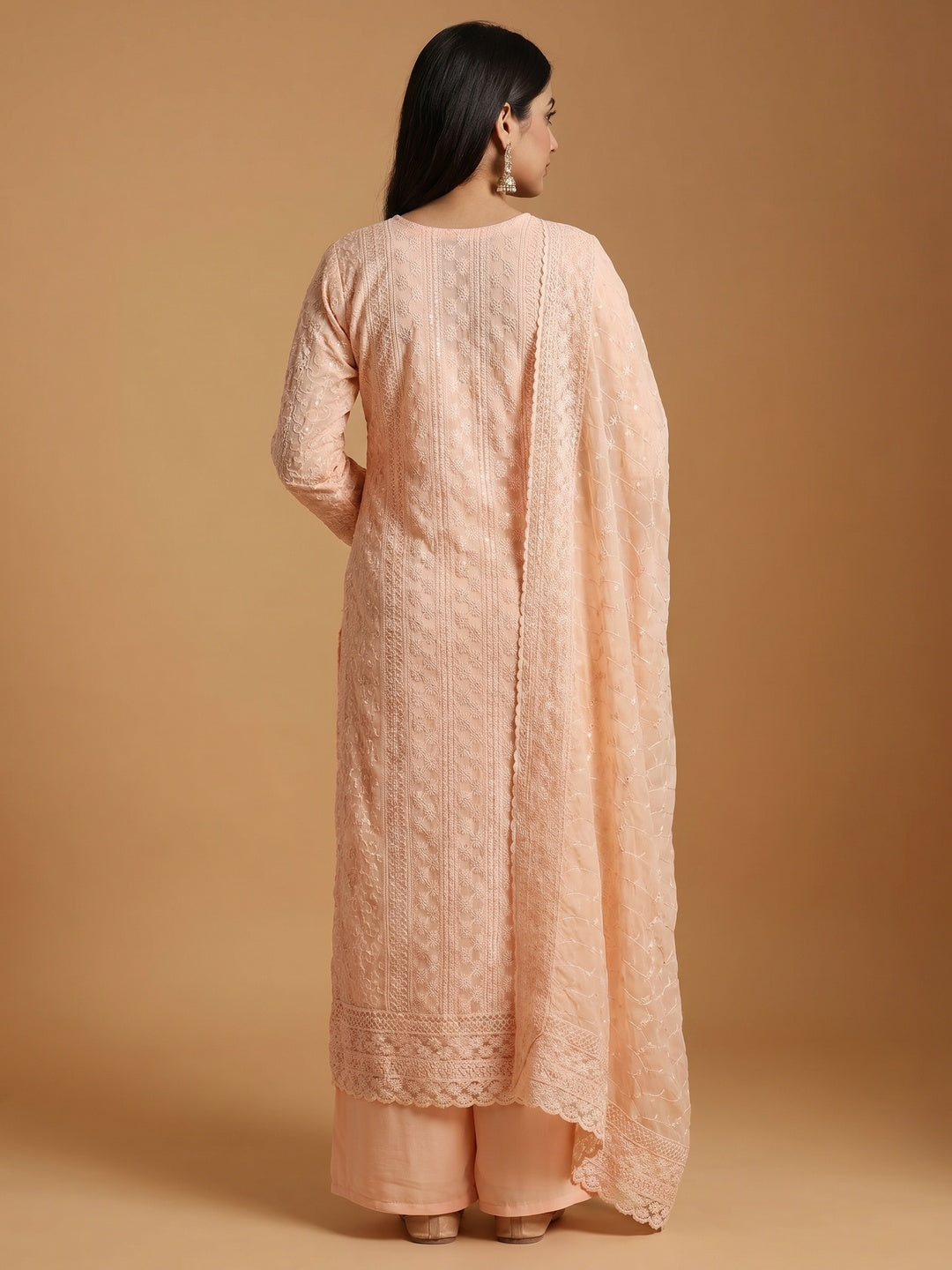 Light Orange Lucknowi Embroidered Georgette Suit - Image 3