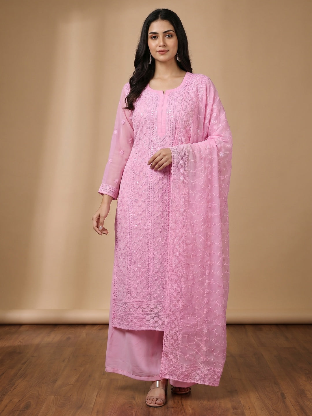 Pink Lucknowi Embroidered Georgette Suit - Image 1